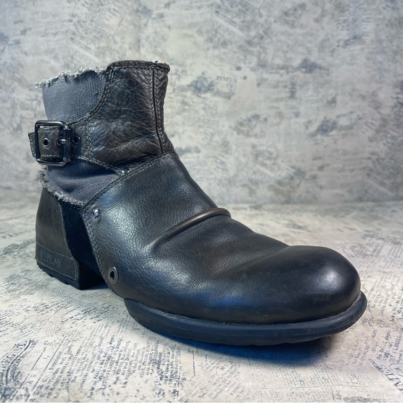 Replay Ankle Boots Zip Side Leather & Denim Deconstructed Biker Boots main image 10